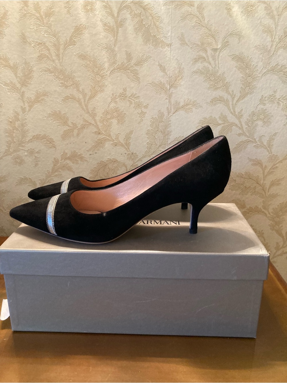 Giorgio Armani Black Suede Pointed Pumps with Silver Accent